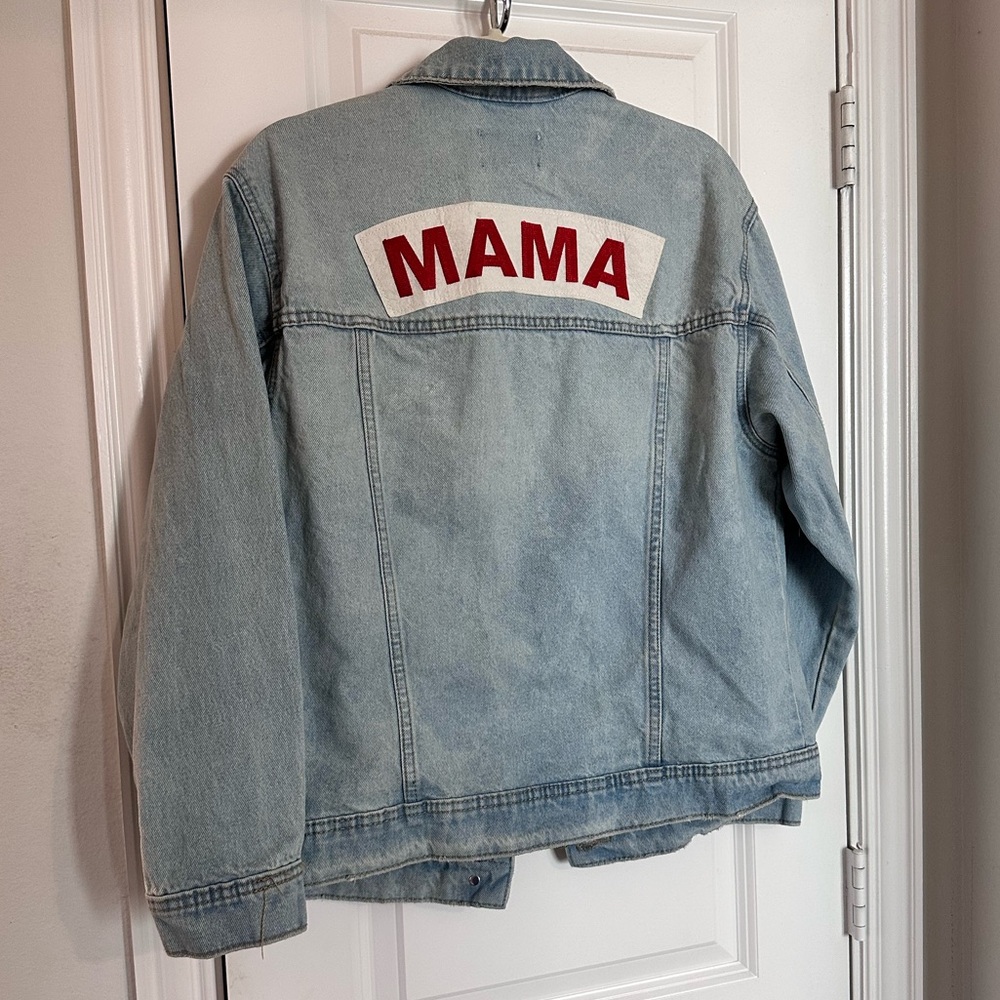Light Wash Denim Jacket with 'MAMA' Patch